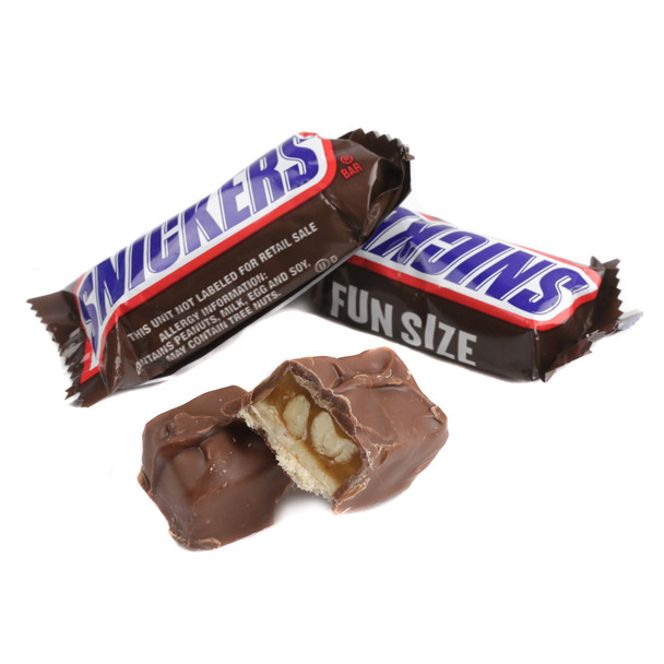 Pile of individually wrapped Snickers Fun Size candy bars, brown & blue, milk chocolate, golden caramel, nougat, peanuts.