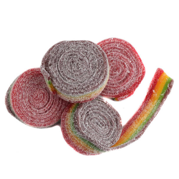 Clever Candy Rainbow Rolled Sour Belts, sweet and sour gummy candy, approx 12 pieces per pound.