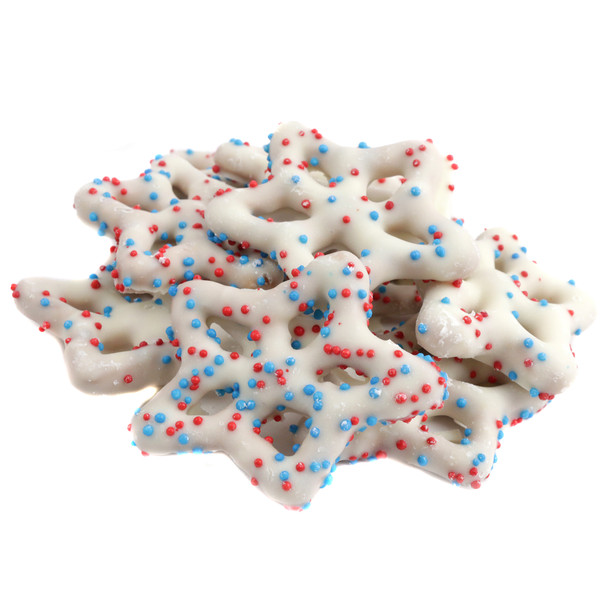 Patriotic Red White Blue star-shaped yogurt pretzels, coated in candy pieces. Approx 42 pretzels per pound.