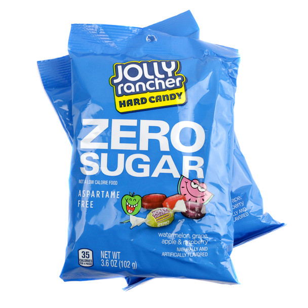 3.6oz bag of individually wrapped Sugar Free Jolly Ranchers. Assorted purple, red, green, and pink hard candies.