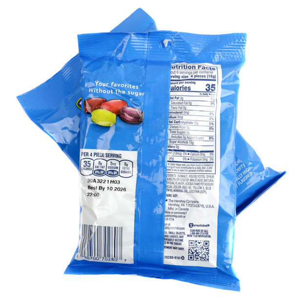 Sugar Free Jolly Ranchers, 3.6oz bag, individually wrapped hard candies. Assorted purple, red, green fruit flavors.