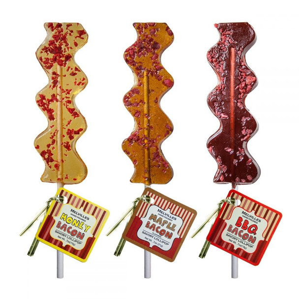 6 hand-poured Bacon Lollipops, assorted Maple, Honey, BBQ, individually wrapped, meat-free bacon bits.