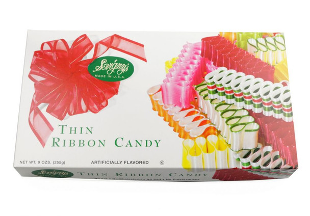 Sevigny's Thin Ribbon Candy gift box, 8 delicate individual Christmas candy ribbons. Made in USA.