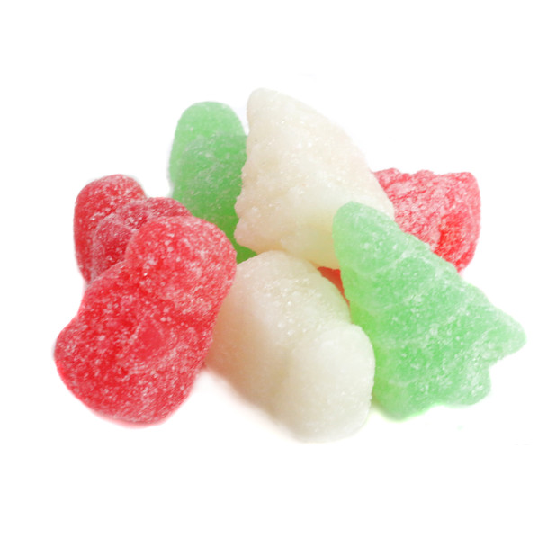 Christmas Jelly Candy Mix, red, green, yellow snowman, Santa, bell shaped jelly candies.