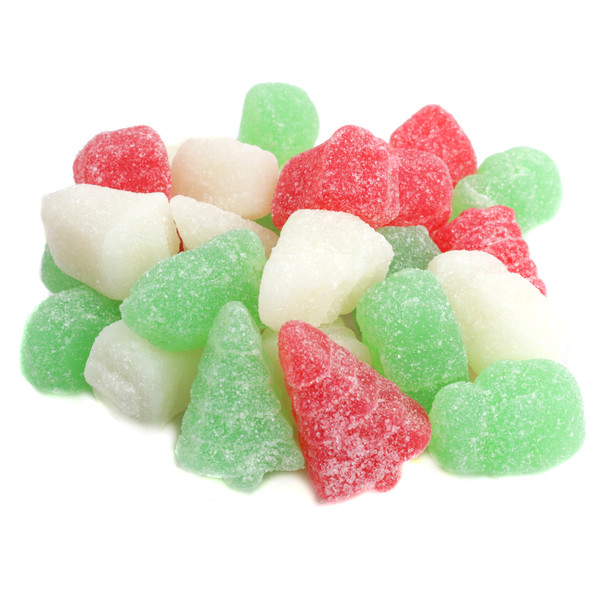 Christmas Jelly Candy Mix, snowmen, Santas, bells shapes, vibrant red, green, yellow cherry, lime, lemon flavors.