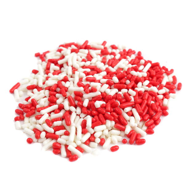 Red and white candy sprinkles, decorettes for Valentine's Day baking, cookies, desserts. Vibrant, USA made topping.