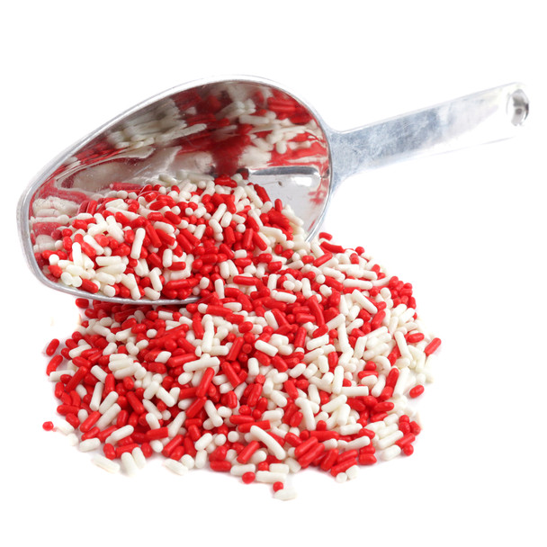 Vibrant red and white Valentine's Day sprinkles, Jimmies, decorettes for baking, cookies & dessert toppings. USA made.