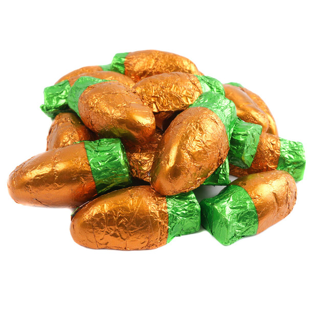 Orange foil chocolatey double crisp Easter bunny carrots, approx. 46 per pound, USA made candy.