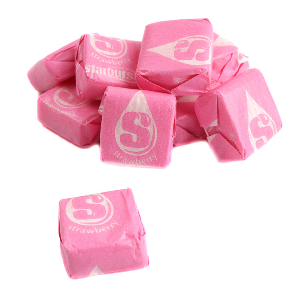 Pink Starbursts candy, strawberry flavored, individually wrapped. Approximately 90 all-pink pieces per pound.