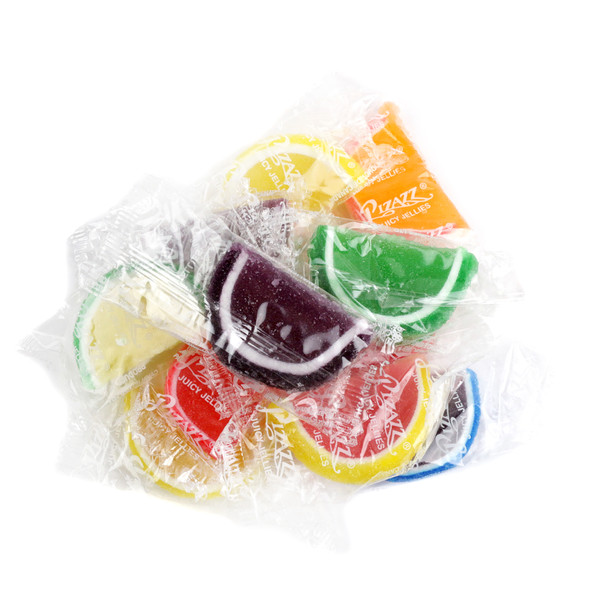 Assorted, colorful jelly fruit slices, sugar-coated, individually wrapped. Approx. 32 pieces per pound, bulk fruit candy.