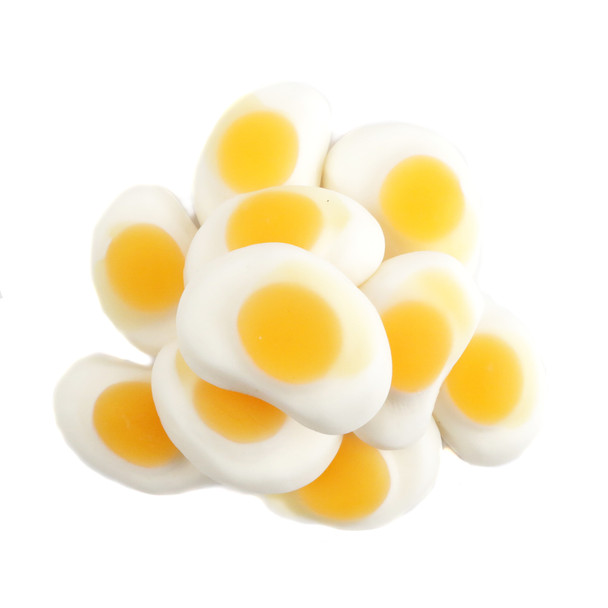Vidal Mini Gummy Fried Eggs, sunny side up, peach flavor, approx 95 per pound, 2-inch size.