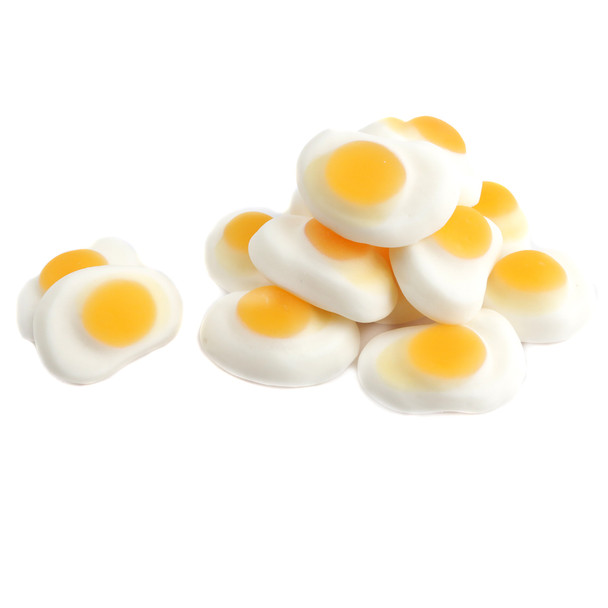 Vidal Mini Gummy Fried Eggs, sunny side up, peach flavored, yellow & white, approx 95 per pound.