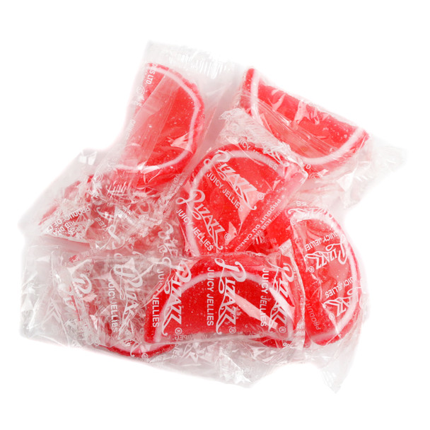 Cherry Jelly Fruit Slices, red center, red and white edge, sugar-drenched, individually wrapped, approx 32 per pound.