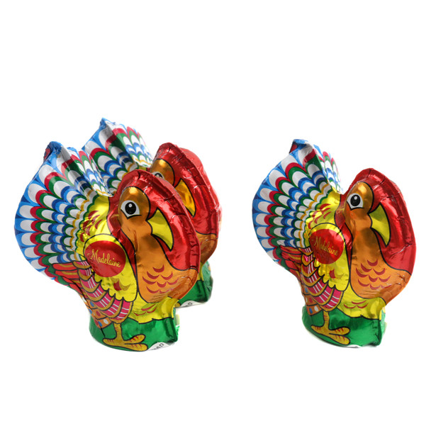 6 piece vibrant foil-wrapped 3D chocolate turkeys, semi-solid Thanksgiving candy.