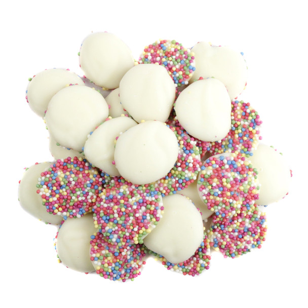 Bulk white chocolate rainbow nonpareils. Creamy white discs topped with bright colorful nonpareils. Approx 130 per pound.