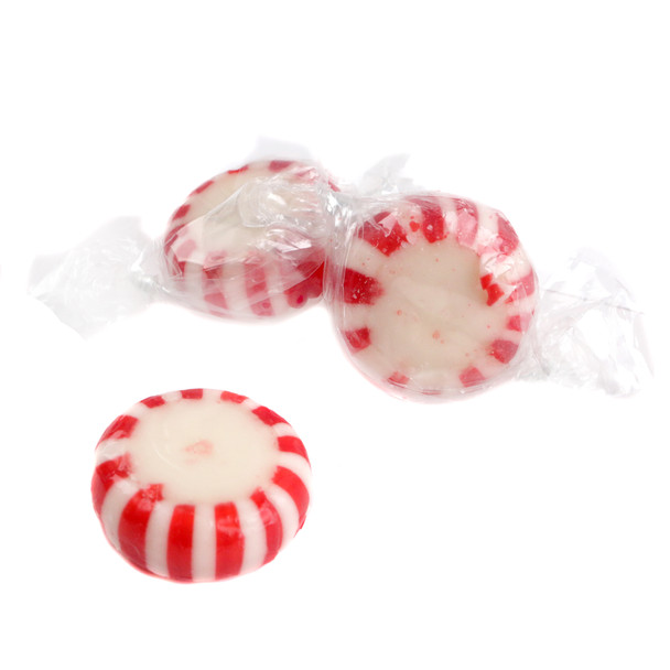 Red and white swirl peppermint starlight mints, individually wrapped, approx 100 classic mints per pound.