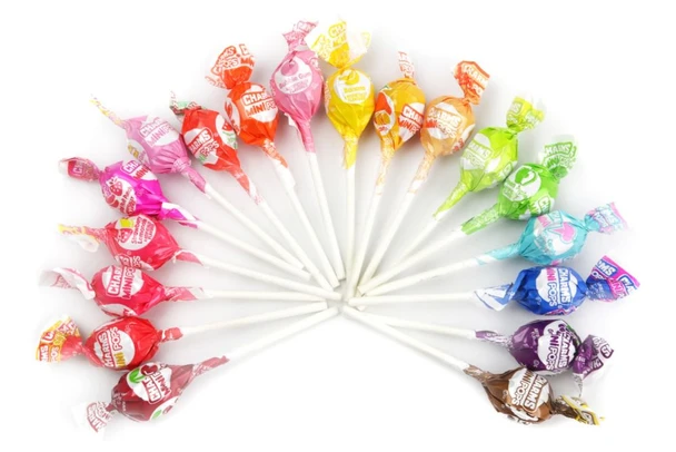 Vibrant rainbow Charms Mini Pops, assorted fruit lollipops, individually wrapped, approx 85 per pound.