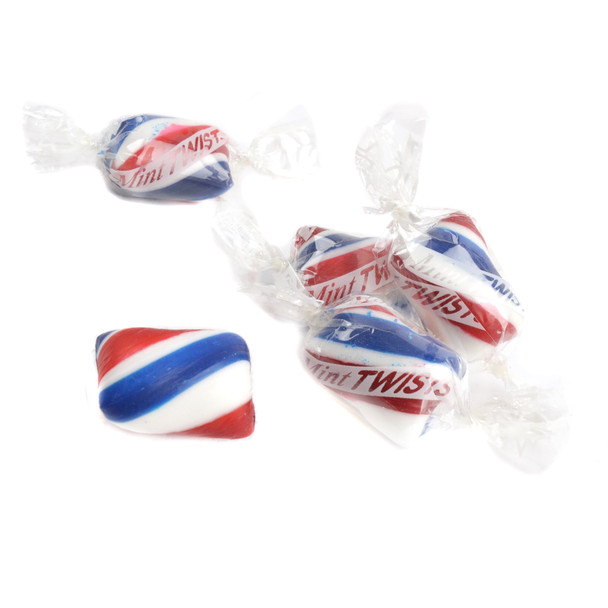 Red, white, and blue striped peppermint twists, individually wrapped. Approximately 95 patriotic mint twists per pound.