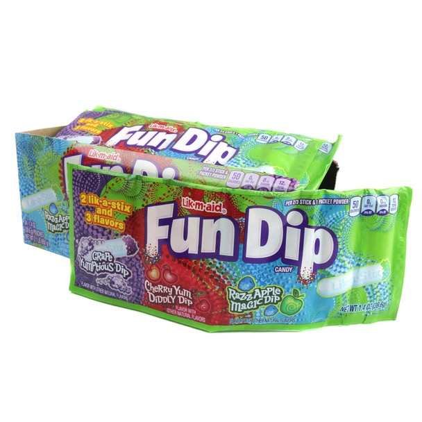 Fun Dip 24 pack, 3 colorful powder flavors: blue Razz Apple, red Cherry, purple Grape, with two white candy sticks.