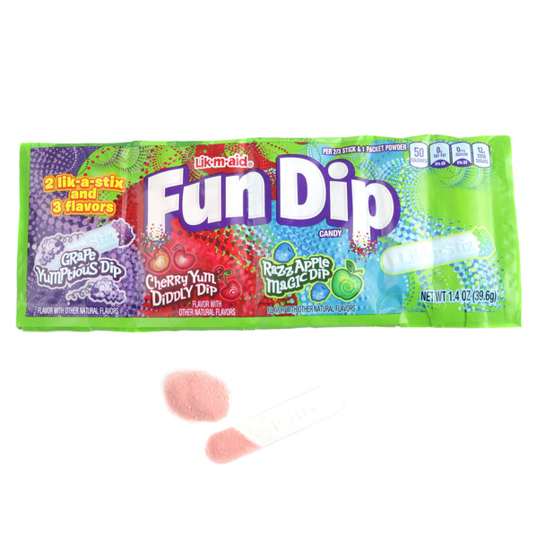 Fun Dip 24 pack with Razz Apple, Cherry, Grape flavors, 2 candy sticks each. Blue, red, purple powders.