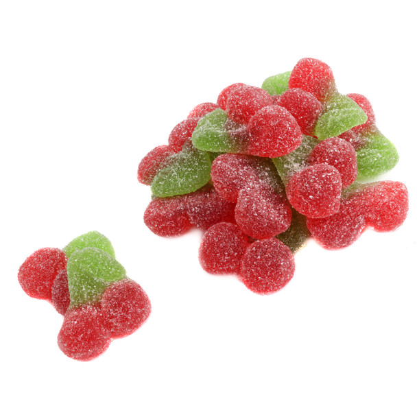 Bright red Gummy Sour Twin Cherries, bite-sized candy, 64 per pound, with stems, sweet gummy, sour sugar coating.
