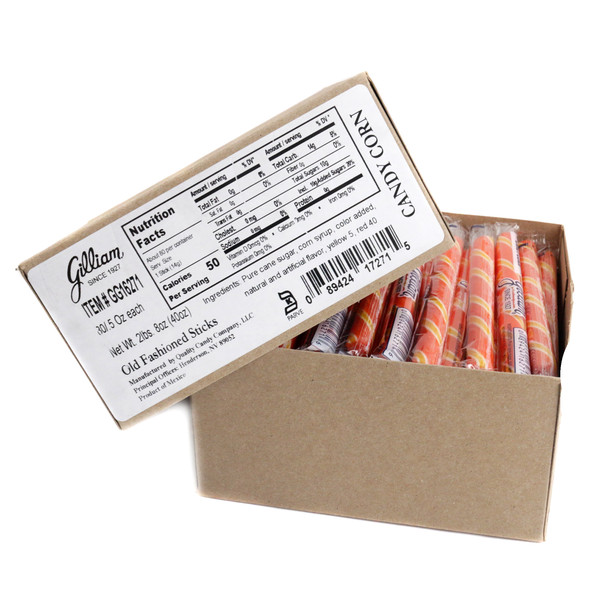 80 Gilliam Old Fashioned Candy Corn hard candy sticks, individually wrapped, orange, yellow, and white.