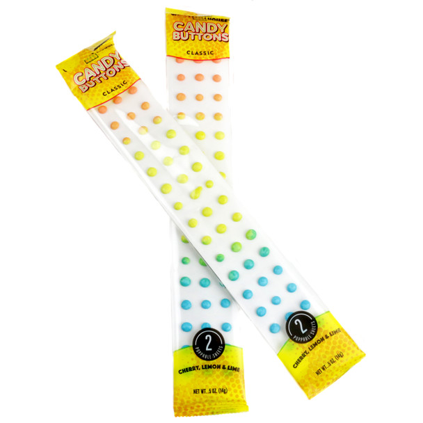 Box of 24 individually wrapped classic Candy Buttons, colorful candy dots on paper strips.