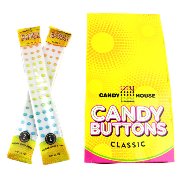 24 individually wrapped bags of classic Candy Buttons, colorful candy dots on white paper strips with rainbow flavors.
