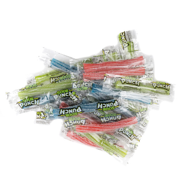 Rainbow Sour Punch Straws, approx 45 per pound, individually wrapped. Strawberry, green apple, cherry, blue raspberry flavors.