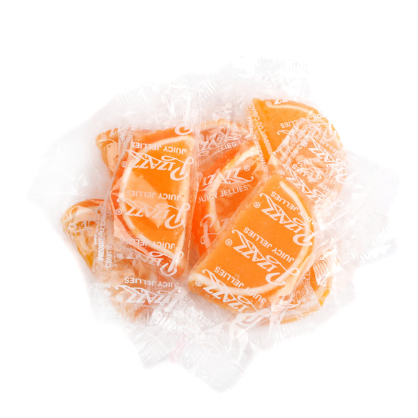 Vibrant orange jelly fruit slices, individually wrapped in cellophane, sugar-drenched, approx 32 per pound. Gluten-free.