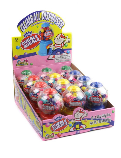 12 individually wrapped Dubble Bubble mini gumball machines, each filled with colorful assorted gumballs.