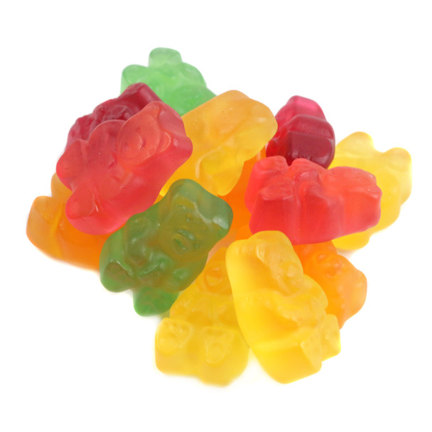 All Natural Gummy Bears, classic assorted fruit flavors: lemon, orange, cherry, green apple, watermelon. Approx 130 per pound.