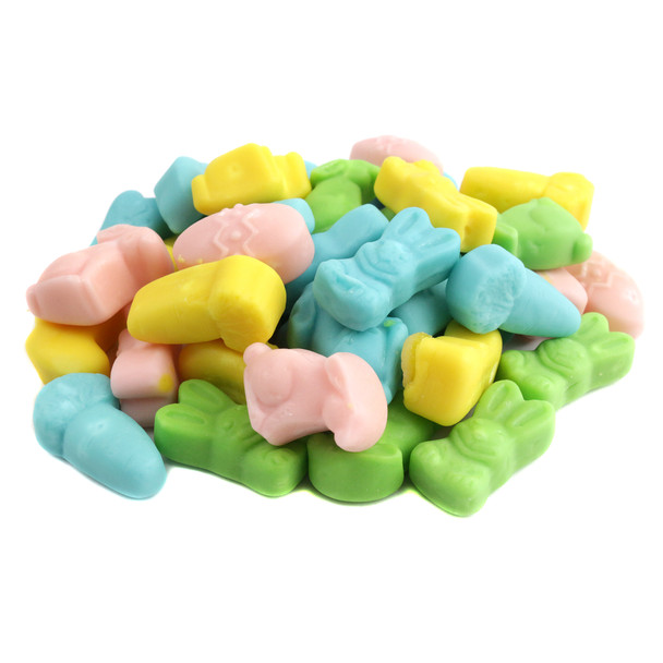 Pastel colored Easter Eggs and Bunnies Mellocreme Mix, approximately 95 pieces per pound, in egg and bunny shapes.