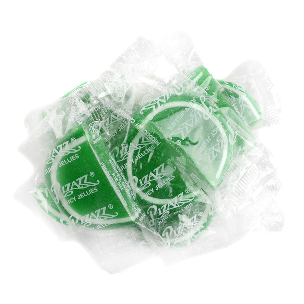 Sour green apple jelly fruit slices, sugar-dusted, individually wrapped in clear cellophane, approx 32 per pound.