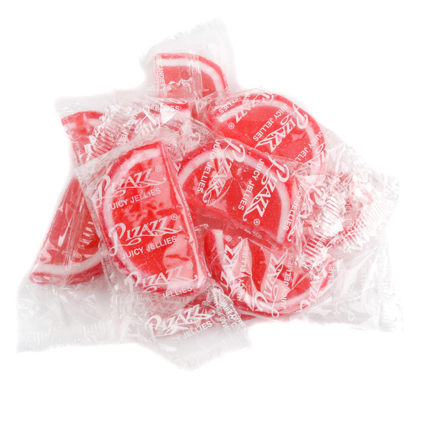 Wrapped Strawberry Jelly Fruit Slices, red center, red & white sugar-drenched edges. Approx 32 slices per pound.