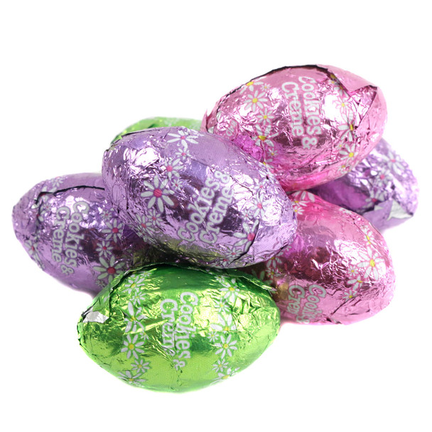 Palmer Cookie and Cream Easter Eggs, creamy white candy, dark chocolate cookie bits, approximately 90 miniature eggs.
