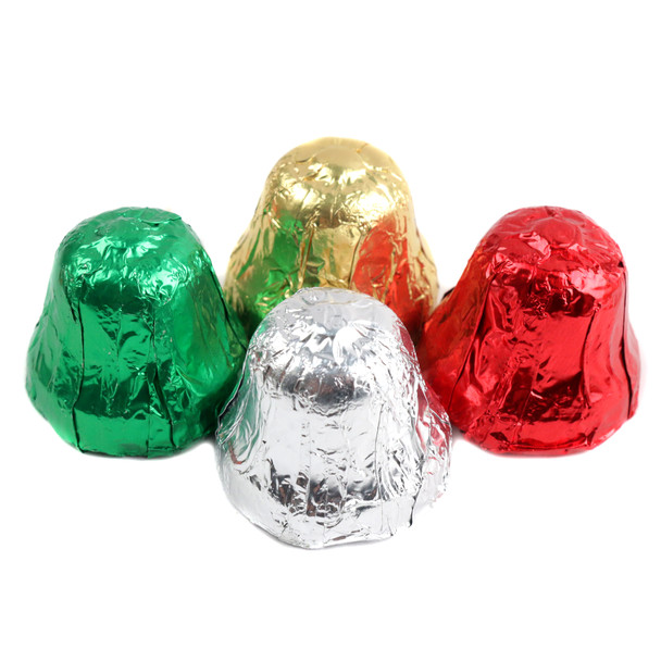 Madelaine Milk Chocolate Christmas Bells, vibrant red, green, gold foil wrapped, detailed, approx 60 per pound.