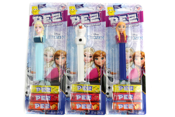 12 Pez Frozen blister packs, each with a colorful Elsa, Anna, or Olaf character dispenser and multiple Pez candy packs.