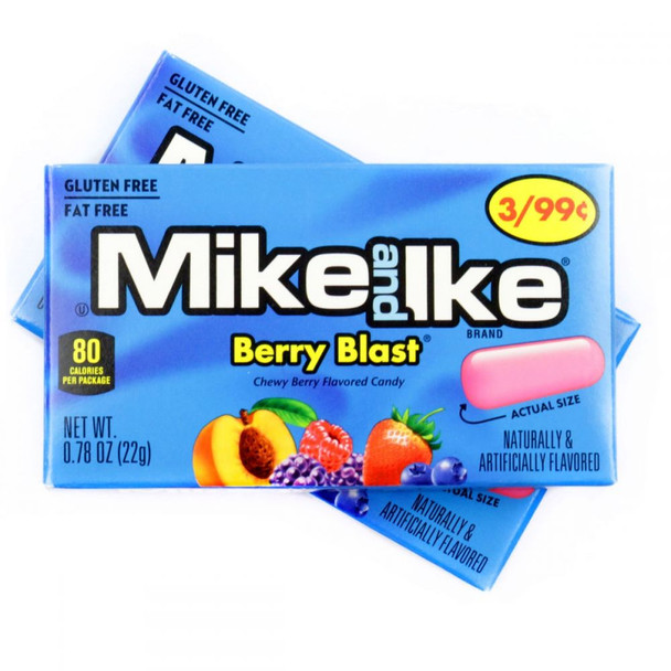Mike and Ike Berry Blast 24 pack. Assorted blue, red, purple individual candy boxes, chewy berry flavors.