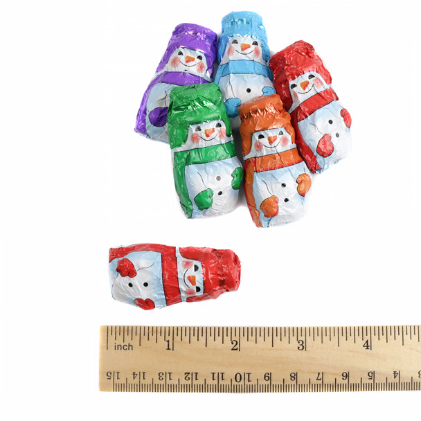 Madelaine Miniature Solid Milk Chocolate Snowmen, individually shiny foil wrapped, approx 50 per pound, Christmas candy.