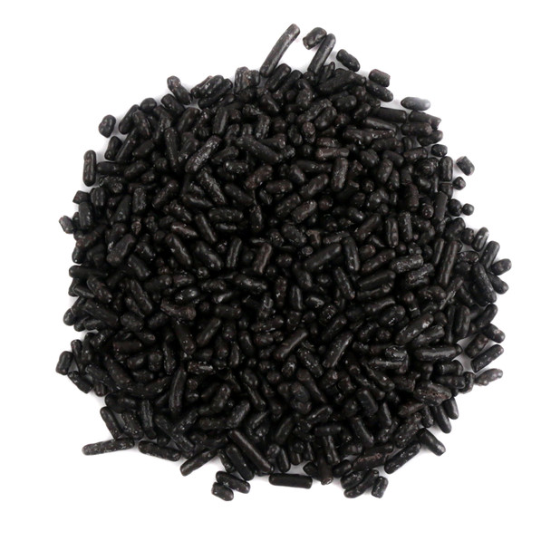Small, irregular black sprinkles from Sprinkle King, ideal for baking, Halloween candy, and dessert toppings.
