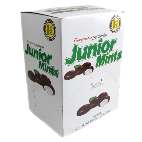 Junior Mints Fun Size, 72 pieces. Creamy white mint centers coated in rich brown chocolate, individually wrapped.