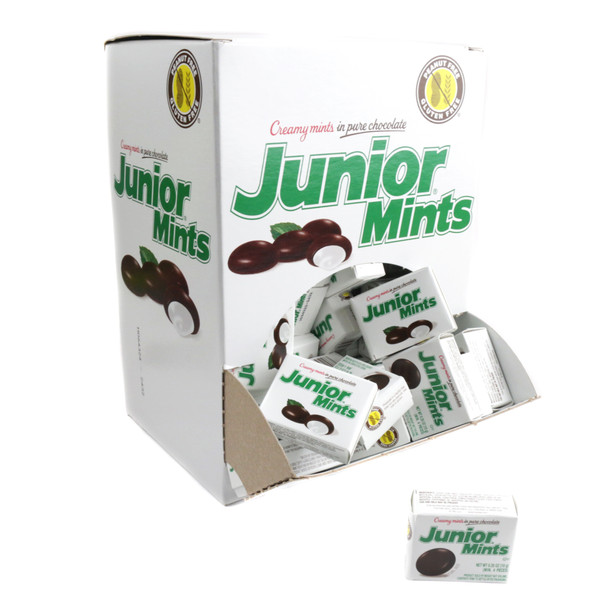 72 Fun Size Junior Mints, classic dark chocolate coating, creamy white peppermint filling. Peanut-free, kosher candy.