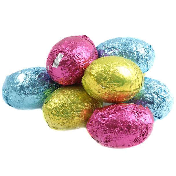 Palmer Milk Chocolate Flavored Easter Eggs, approx 92 per lb, individually wrapped bright blue, pink, yellow foils.
