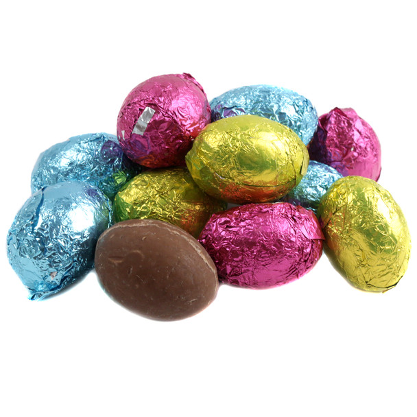 Palmer Milk Chocolate Easter Eggs, approx 92 count, individually wrapped in bright blue, pink, yellow foils.