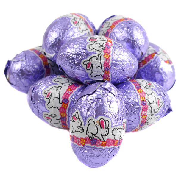Palmer Fudge Filled Easter Eggs, milk chocolate, rich fudge center, pastel purple foil, approx. 30 per pound.