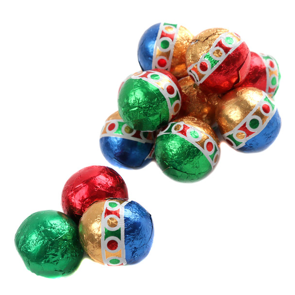 Madelaine Milk Chocolate Christmas Balls, vibrant colorful foil wrappers, individually wrapped, festive bulk holiday candy.
