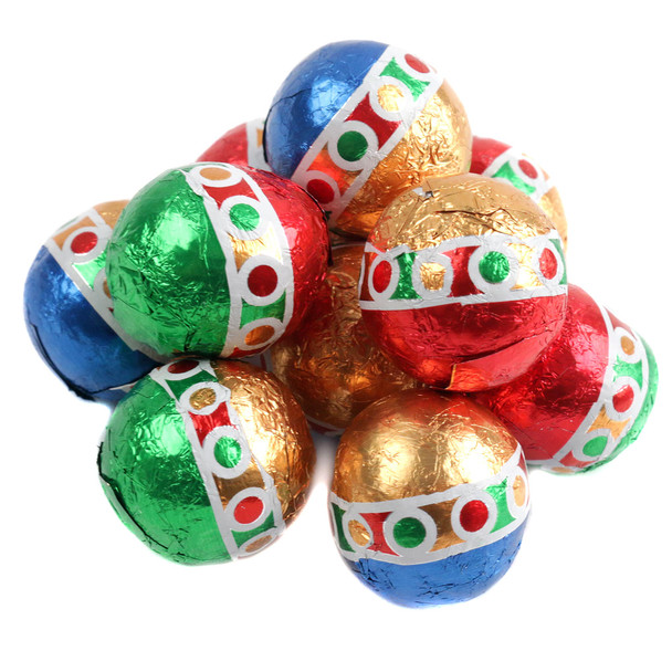 Super colorful bright foil wrapped Madelaine Milk Chocolate Christmas Balls, approx 80 per pound, festive holiday treats.