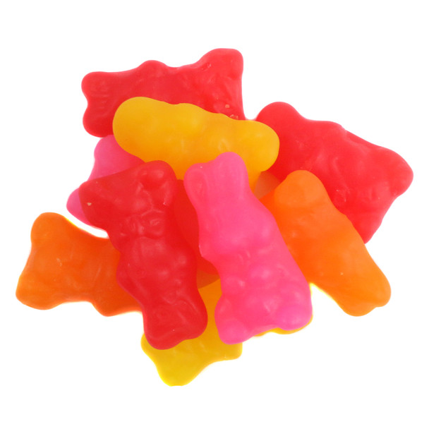 Sweet JuJu Bunnies Easter gummy candy, bright assorted colors: cherry, strawberry, orange, lemon. Approx 100 per pound.