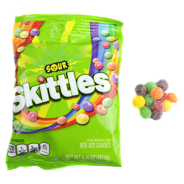 Sour Skittles 5.7oz, vibrant rainbow colors of red, green, yellow, orange, and purple, tangy sour candy.